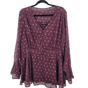 Lane Bryant Blouse Plus Sz 18 Wine Foil-Dot Button-Front Peplum Long-Sleeve